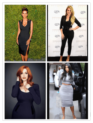 Curvy Style Icons mentioned clockwise, left to right - Halle Berry, photo courtesy of  www.eonline.com; Khole Kardashian, photo courtesy of xxx; Christina Hendricks, photo courtesy of xxx; Kim Kardashian photo courtesy of xxx.