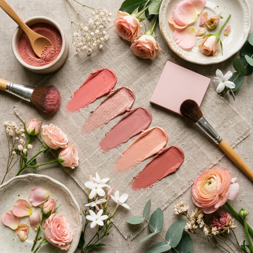 Five blush swatches in pink tones with blush compact, makeup brushes, and pink flowers on linen fabric