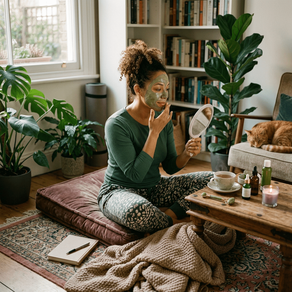 Woman practicing home self-care rituals