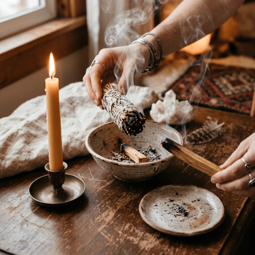 Burning sage, palo santo, and candle ritual.